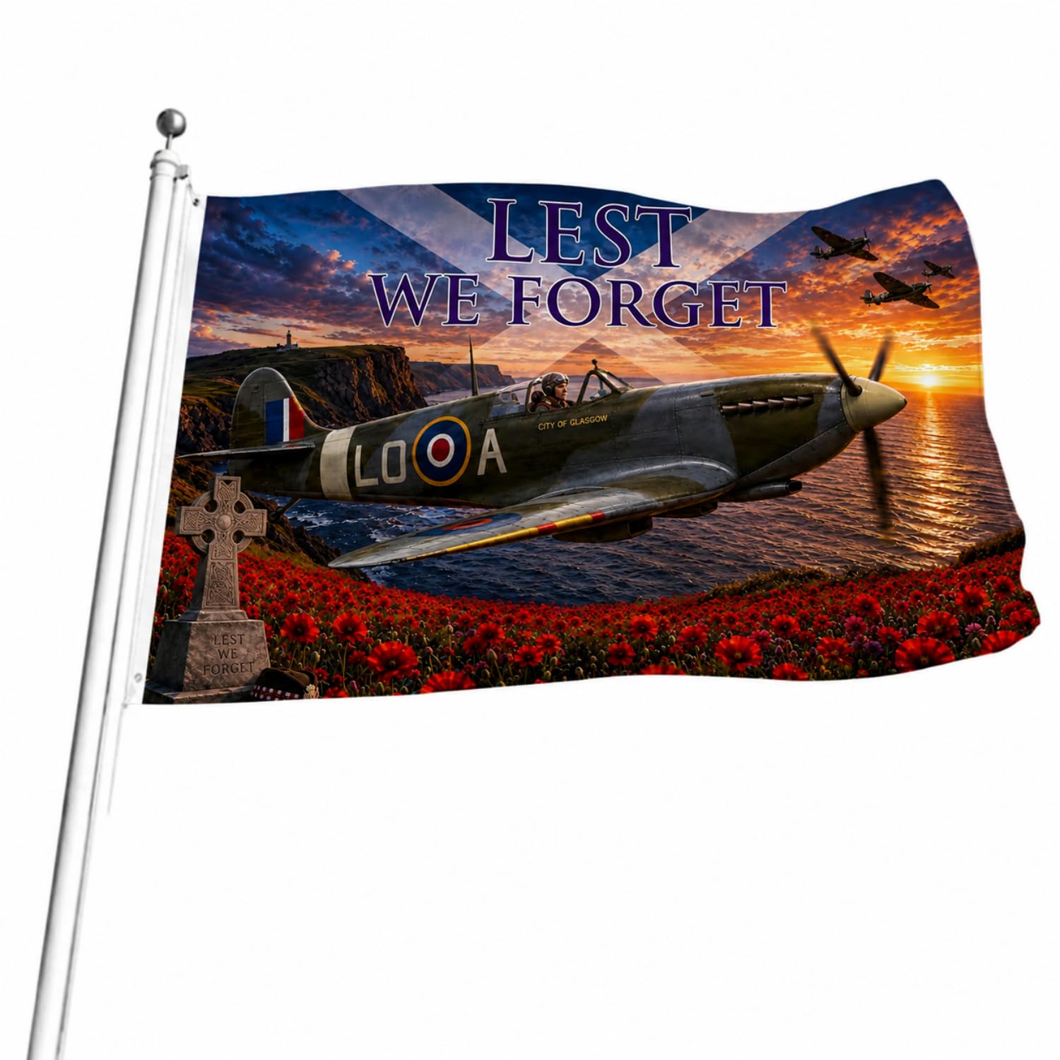 Lest We Forget Scottish Remembrance Flag 5x3FT, Poppy Banner for Remembrance Day, VE Day & Home Decor (Blue)