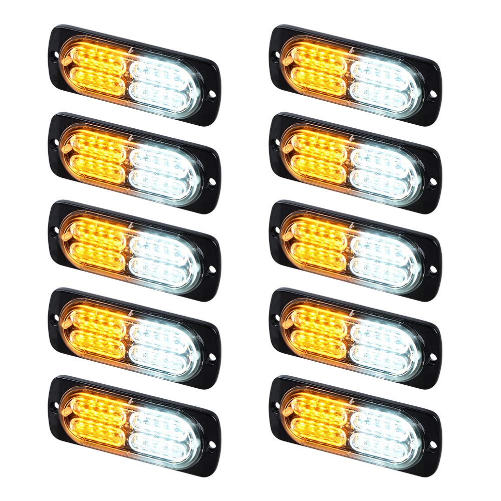 20-LED Caution Emergency Beacon Warning Hazard Flash Strobe Light Compatible with Car POV Construction Tow Truck Van Vehicle (10X, White Amber)