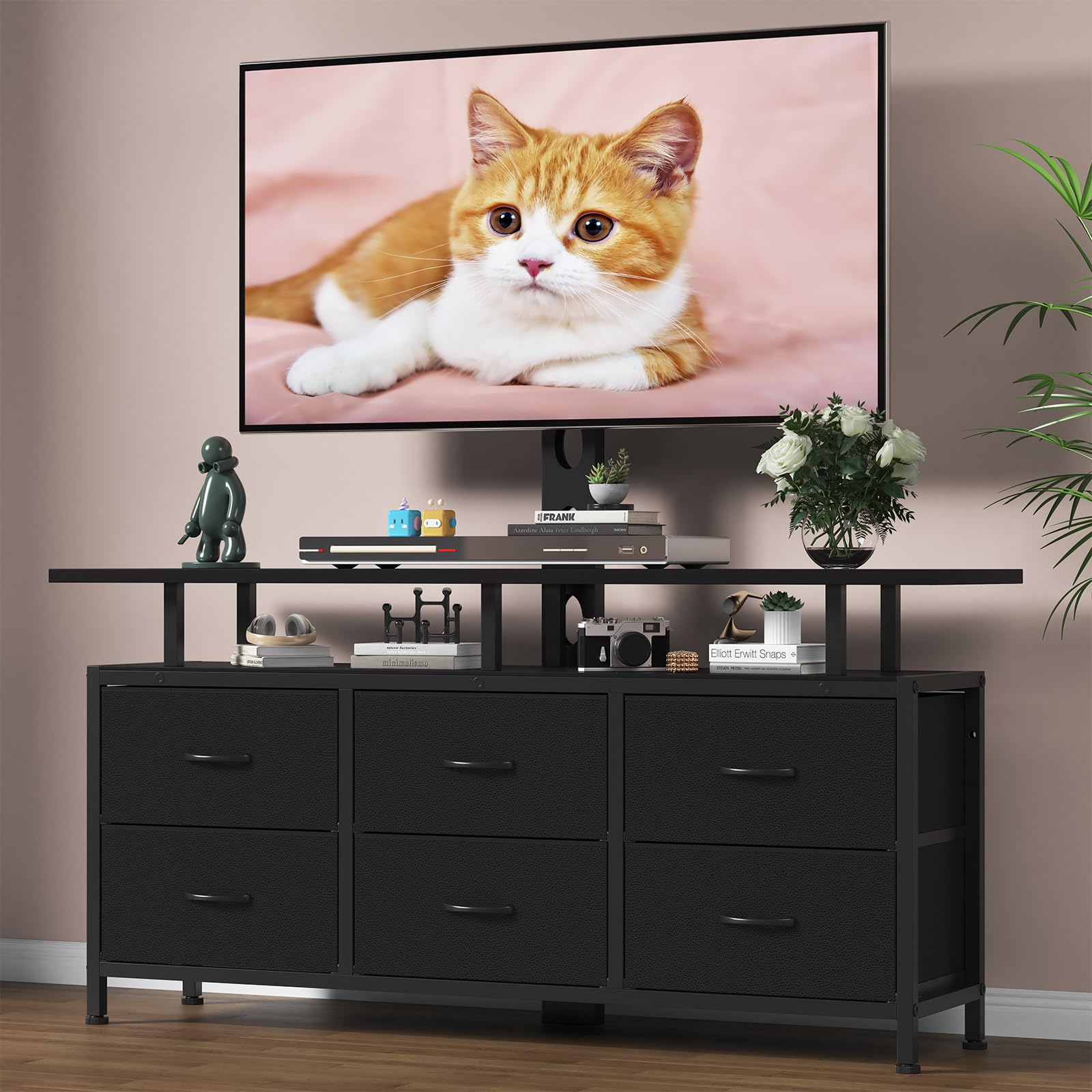 Black TV Stand with Mount for 32/45/55/60/65/75 inch TVs, Entertainment Center with 6 Fabric Drawers & Open Shelf, TV Media Console for Living Room, Bedroom
