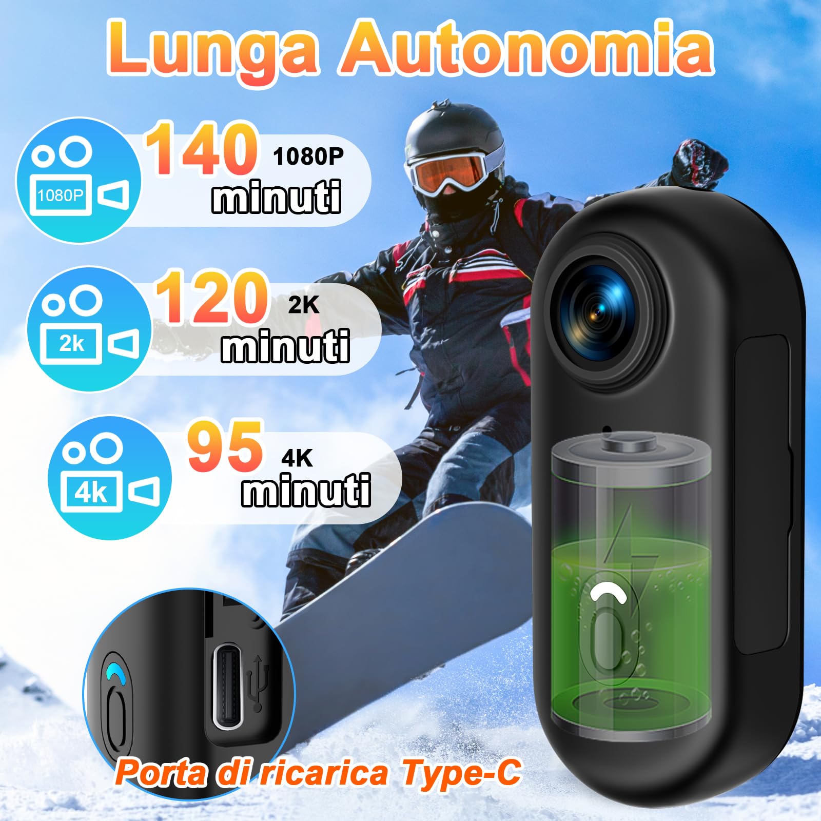 Mini Action Cam 4K Subacquea WiFi Grandangolo, per Immersioni & Ciclismo | 30m impermeabile, 140min batteria, 12MP, attacco magnetico, condivisione social