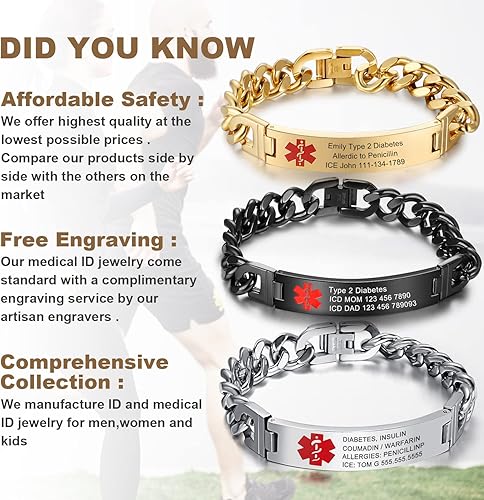 Miniatura 6 de Pulsera de alerta médica personalizada, pulsera de identificación médica de emergencia para mujeres y hombres, acero inoxidable