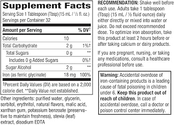Natures Way Liquid Iron Supplement, 18 mg per Serving, Berry, 16 Fl Oz | Gentle Glycinate Iron, Fast-Absorbing Liquid, Iron for Red Blood Cell Support and Energy Metabolism*, No Sugar Added