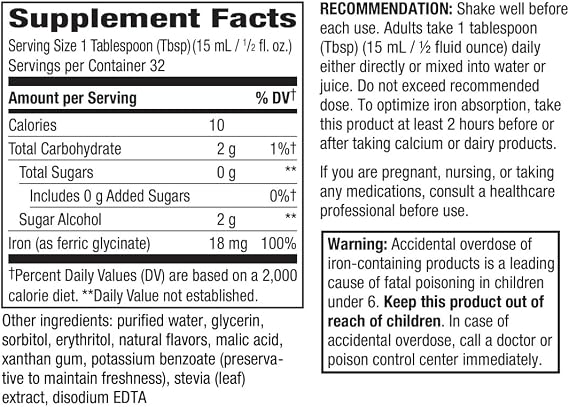 Natures Way Liquid Iron Supplement, 18 mg per Serving, Berry, 16 Fl Oz | Gentle Glycinate Iron, Fast-Absorbing Liquid, Iron for Red Blood Cell Support and Energy Metabolism*, No Sugar Added