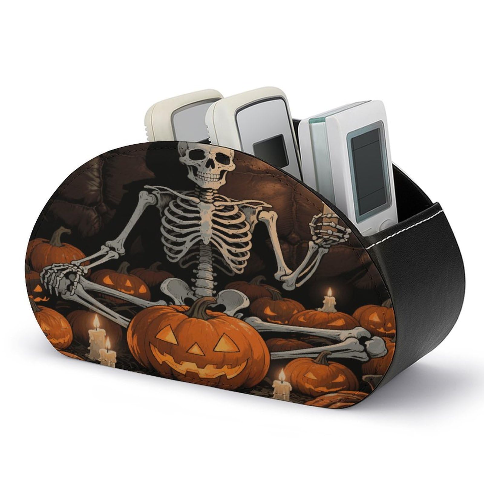 VstaDank Skull Pumpkin Remote Control Holder with 5 Compartments PU Leather TV Remoter Caddy Desktop Organizer TV Remote Holder Remote Box for Media Controllers Office Supplies