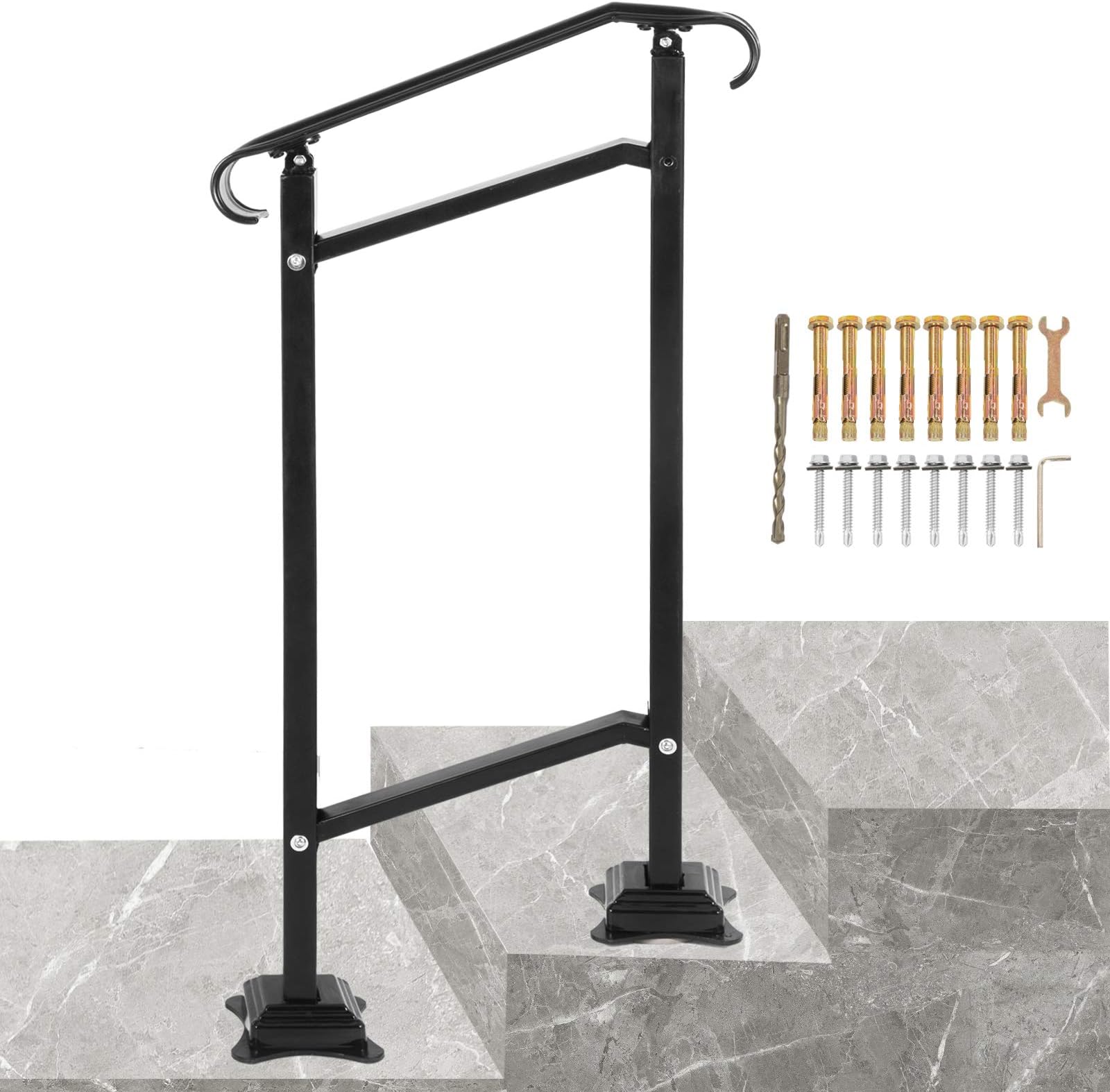 VEVOR Wrought Iron Handrail, Fit 1 or 2 Steps Outdoor Stair Railing, Adjustable Front Porch Hand Rail, Black Transitional Hand Railings for Concrete Steps or Wooden Stairs with Installation Kit
