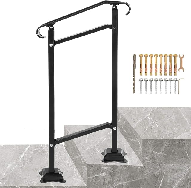 VEVOR Wrought Iron Handrail, Fit 1 or 2 Steps Outdoor Stair Railing, Adjustable Front Porch Hand Rail, Black Transitional Hand Railings for Concrete Steps or Wooden Stairs with Installation Kit