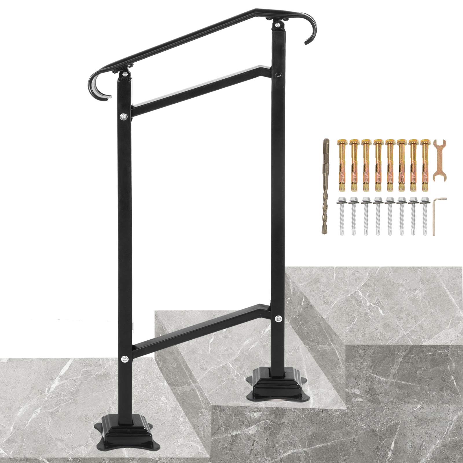 VEVOR Wrought Iron Handrail, Fit 1 or 2 Steps Outdoor Stair Railing, Adjustable Front Porch Hand Rail, Black Transitional Hand Railings for Concrete Steps or Wooden Stairs with Installation Kit