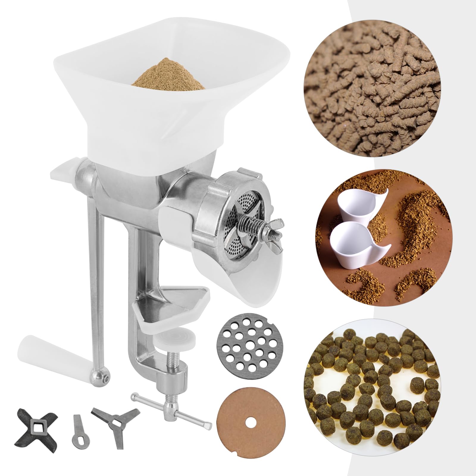 Pet Dog Cat Feed Maker, 0.1In Pellet Plate Holes Manual Feed Pellet Machine, Birds Fishing Bait Granulator Pelleter, with 4 Blades& a Hopper