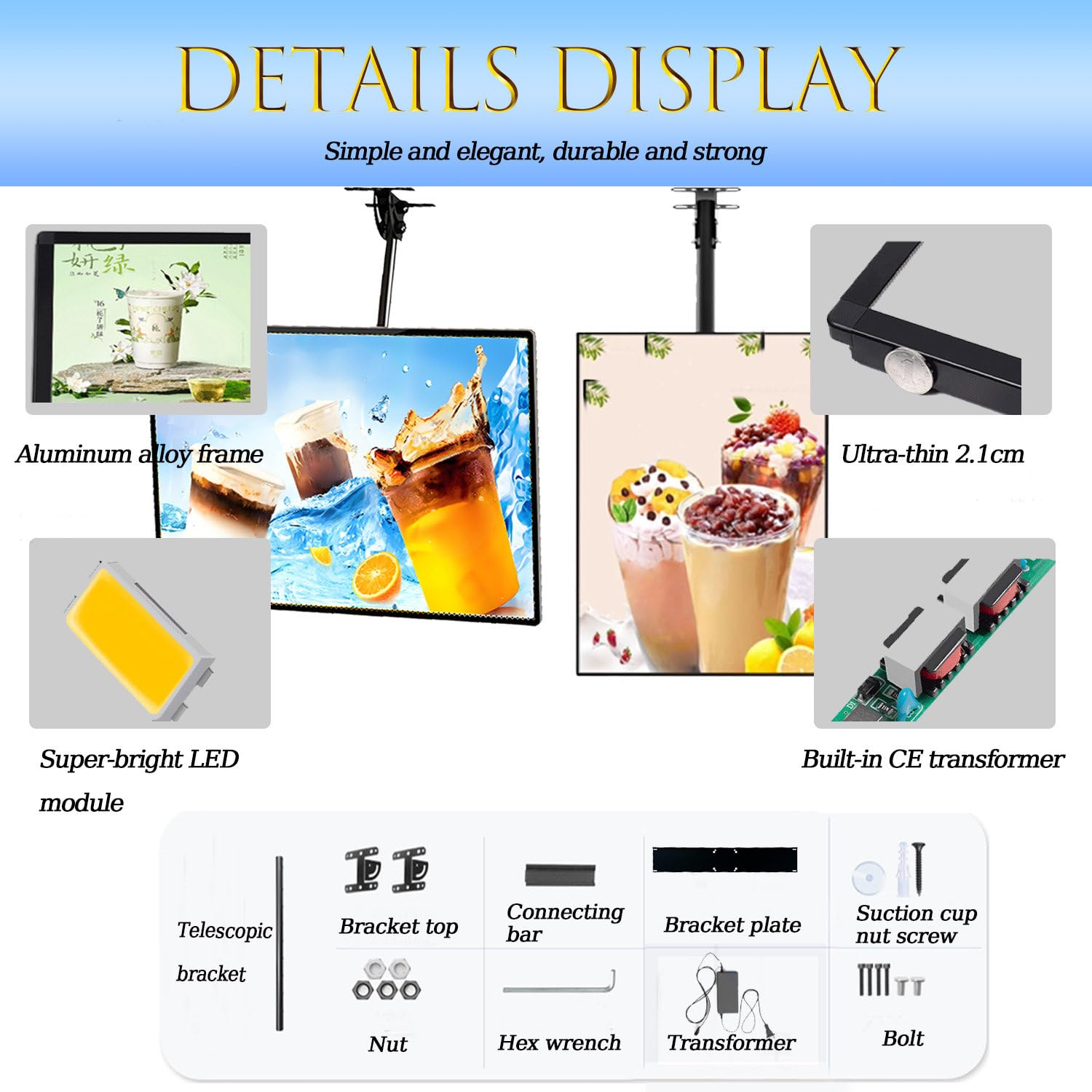Letrero de Caja de luz LED Ultrafino con Barra telescópica, se Puede Montar en Horizontal o Vertical. Tablero de menú LED para cafeterías y Salas de exposiciones. 30 * 40cm