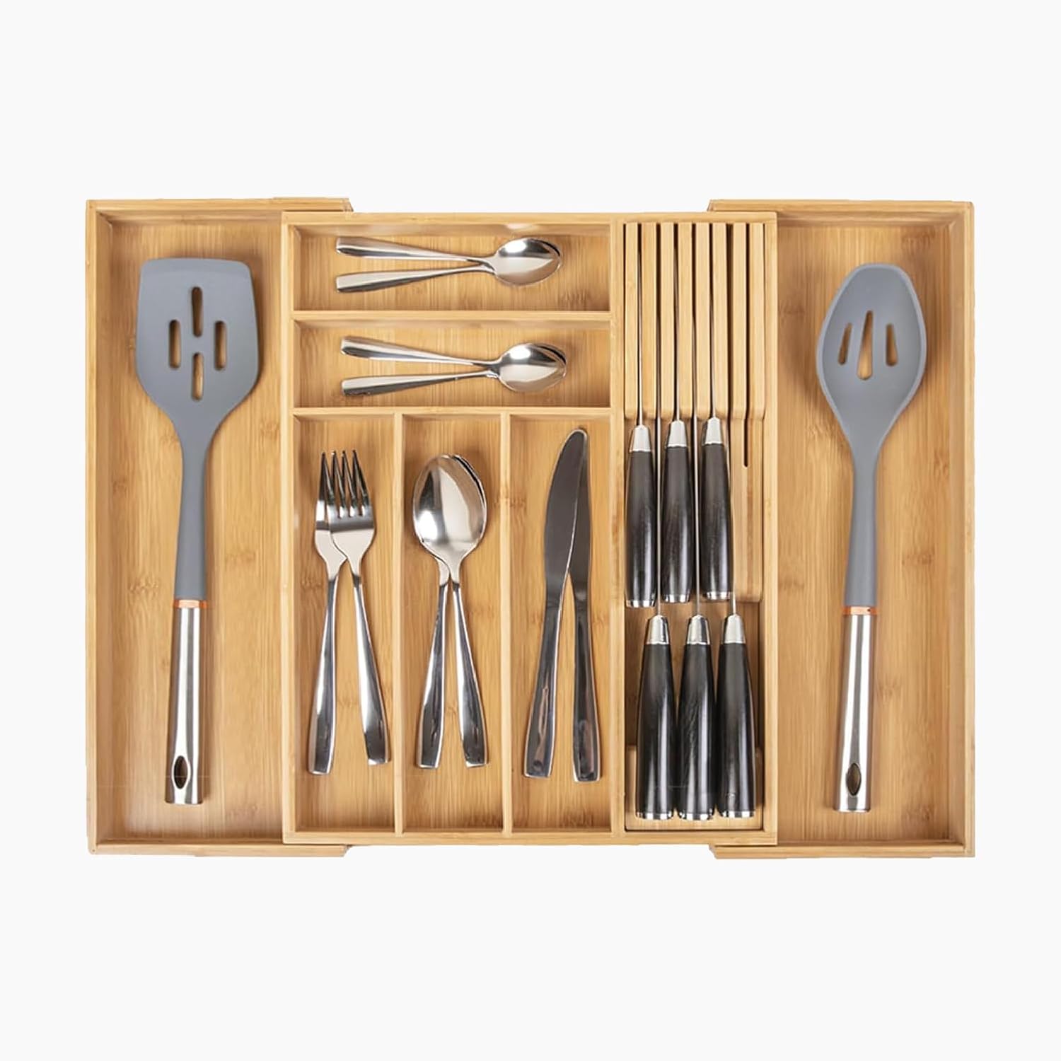 Bamboo Silverware Drawer Organizer for Kitchen – Expandable Utensil Holder & Cutlery Tray with Adjustable Tableware Dividers and Removable Knife Block – Flatware Storage Insert for Drawers