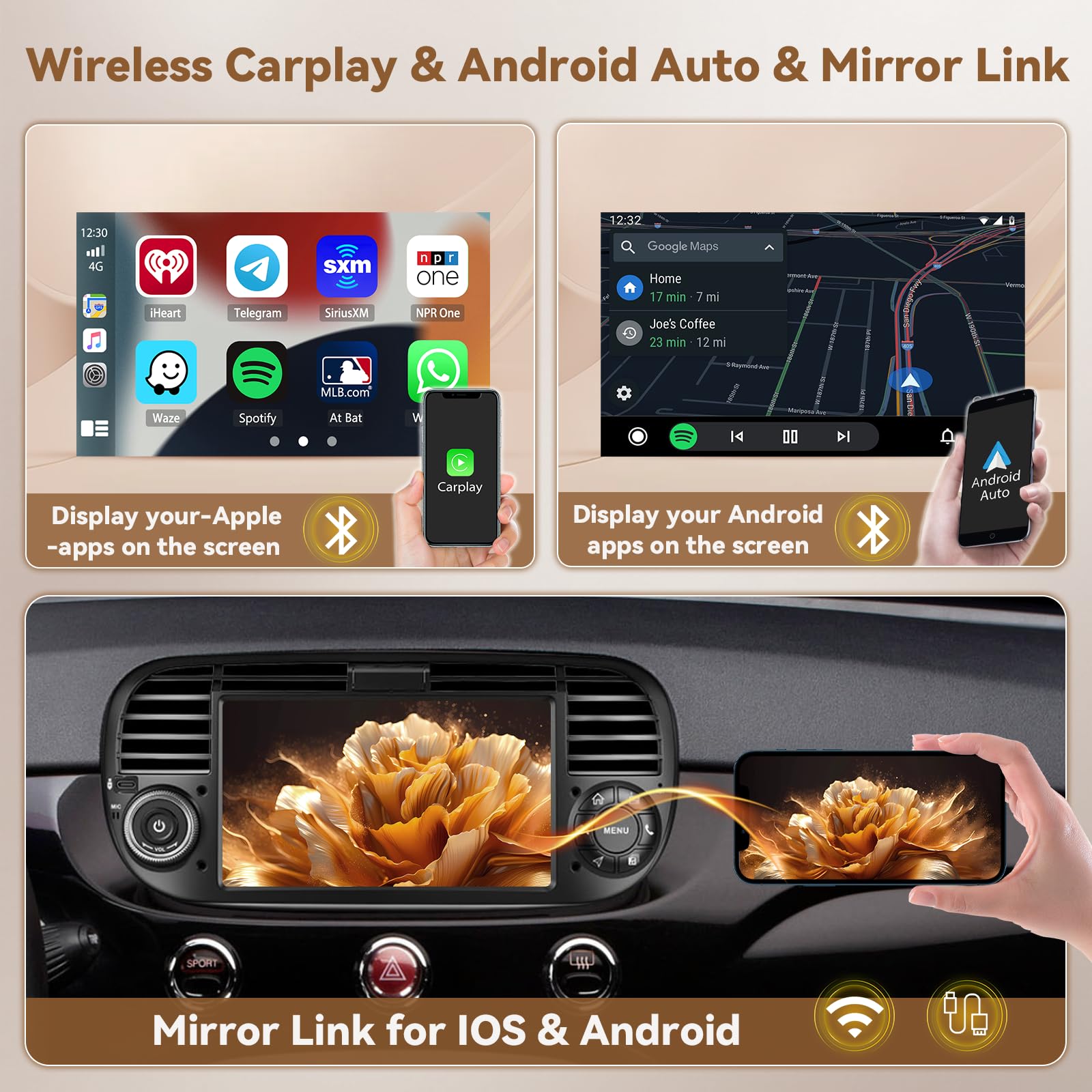 Radio samochodowe Android 15 4+64 GB dla FIAT 500 2007-2015 z ekranem dotykowym 7 Zoll IPS, radio samochodowe 2DIN z bezprzewodowym odtwarzaczem Carplay Android Auto, FM/RDS Radio BT GPS WiFi