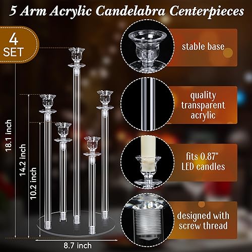 Miniatura 2 de Layhit Juego de 4 candelabros acrílicos para candelabros de 5 brazos, centro de mesa de boda, centro de mesa de 18.1 pulgadas de alto, acrílico