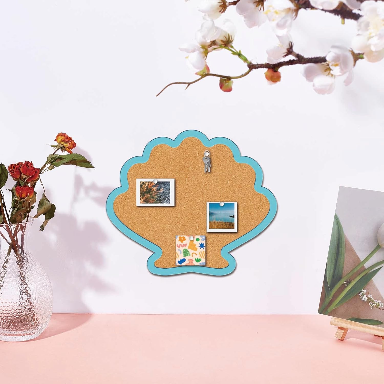 CRASPIRE Shell Pin Display Cork Board 9.8 X 8.5 Inch Wall Mounted Blue Frame Bulletin Boards Badge Wooden Decorative Memory Memo Brooch Lapel Pins Holder Storage for Home Office Bedroom Decoration