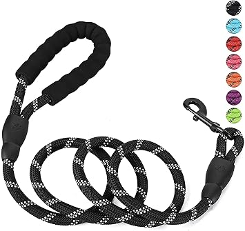 Petology Dog Leash 5FT Long, ? Inch Thick Reflective Heavy Duty Rope with Anti-Slip Padded Handle for Small & Medium Dogs (Black, 5 Feet)