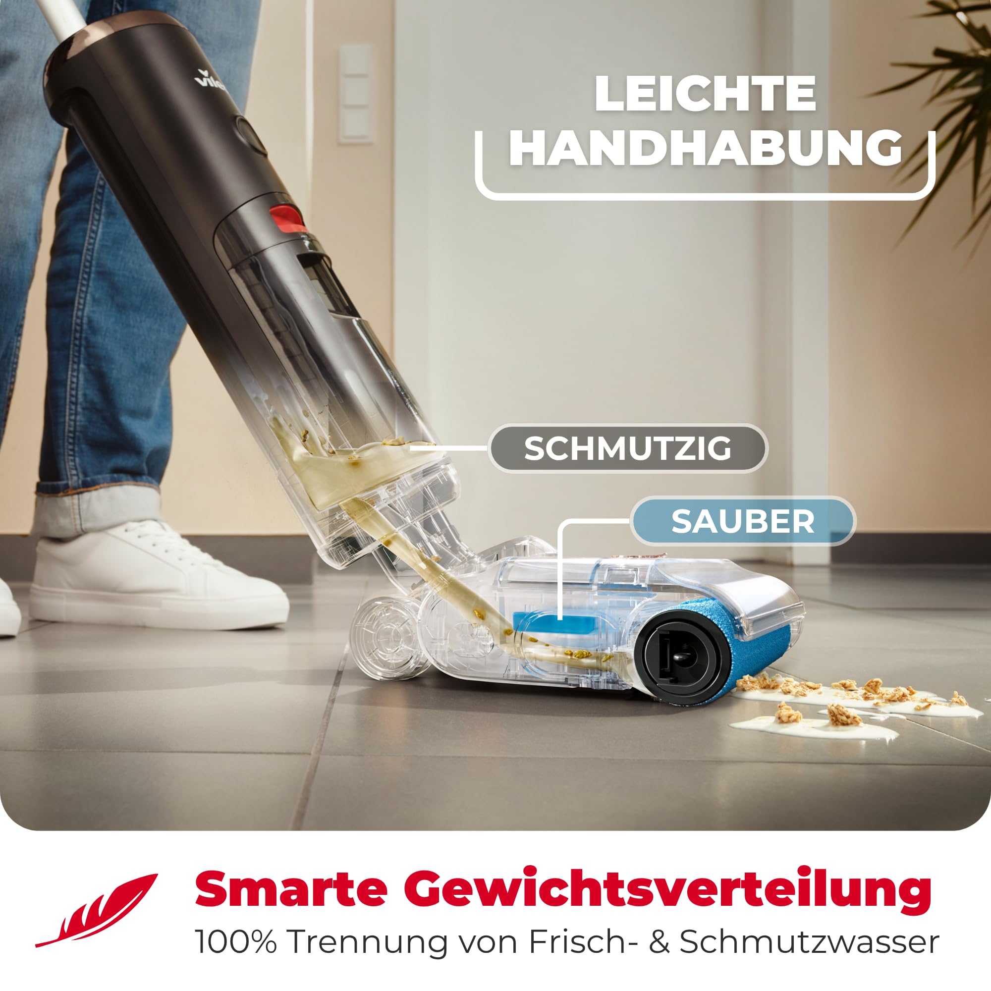 Vileda PureClean S5 Plus - Kabelloser Nass- & Trockensauger mit Zubehör - 3-in-1 Kehren, Saugen & Wischen, 30 Min Akkulaufzeit für 180 m2 Fläche, LED-Anzeige, Schwarz/Silber