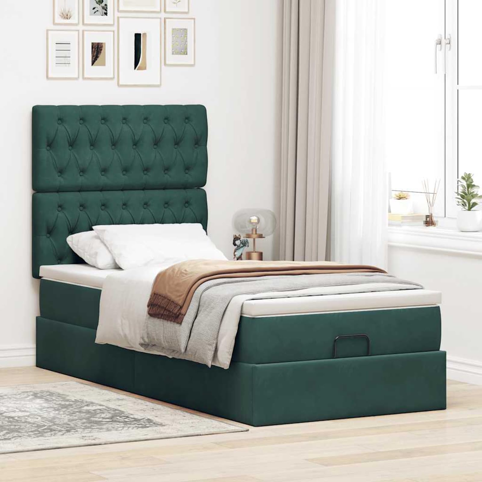 Struttura Letto Pouf con Materassi, Materiale Velluto Morbido, Materasso a Molle Insacchettate, Supporto Personalizzato, Vano Portaoggetti, Sollevamento Idraulico, 80x200 cm, per Camera da Letto
