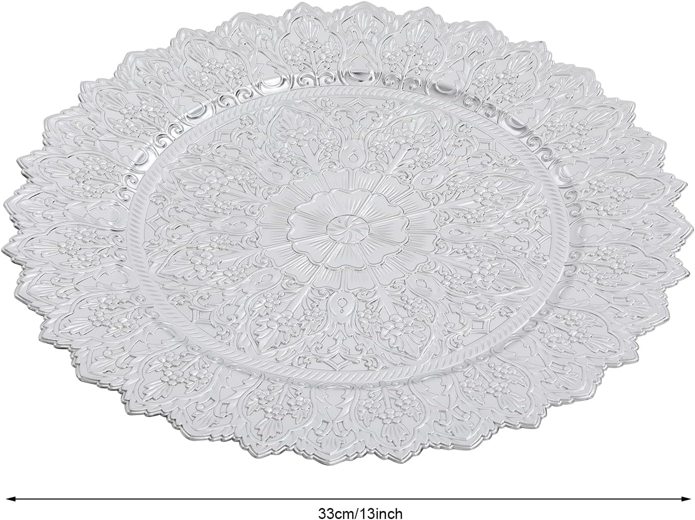 50 Pcs Antique Charger Plates, 13 Inch Plastic Dinner Plate with Embossed, Decorative Floral Plates for Wedding, Party, Celebration Table Settings - Reusable and Durable (Silver)