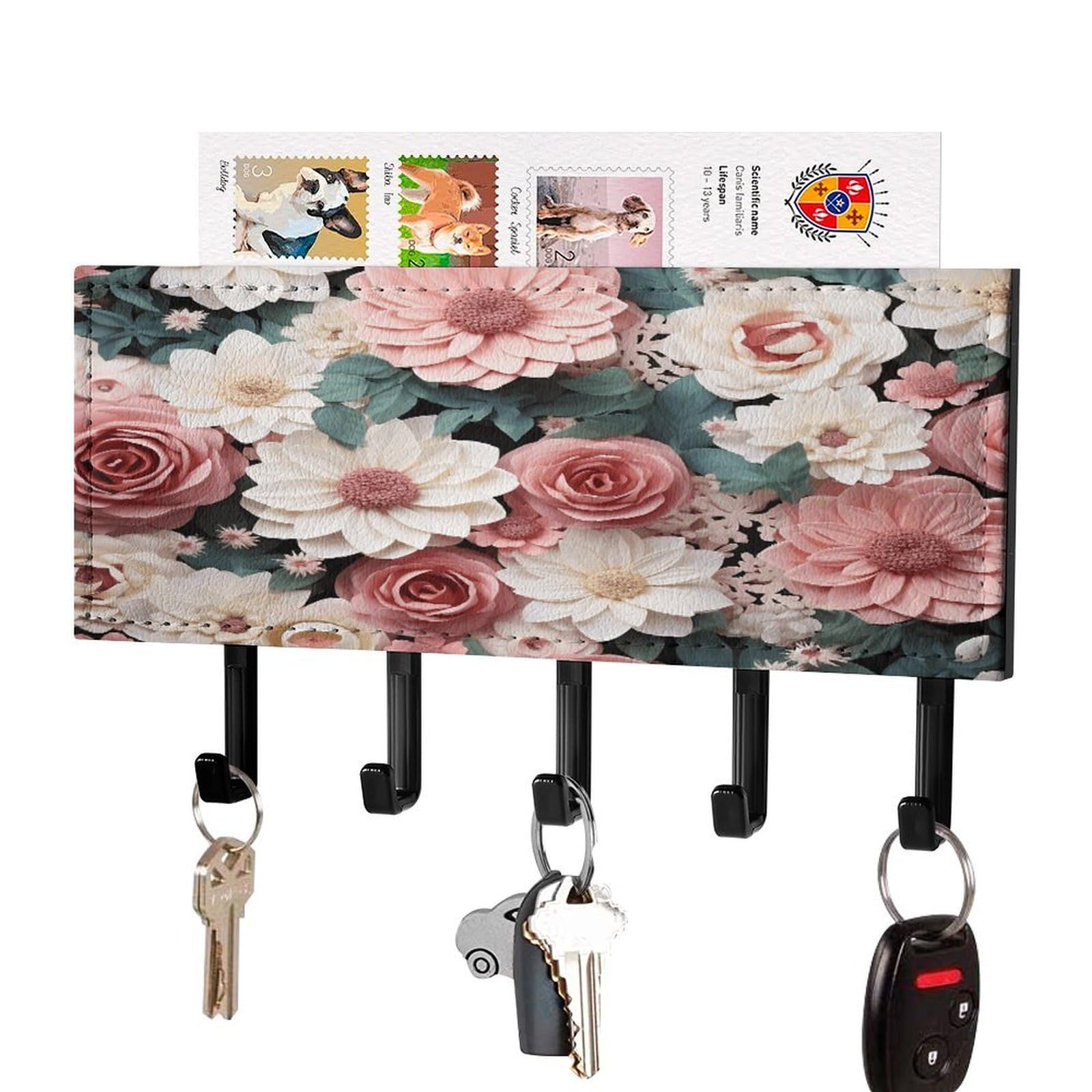 Soporte de pared con diseño de flores estante con bandeja y ganchos
