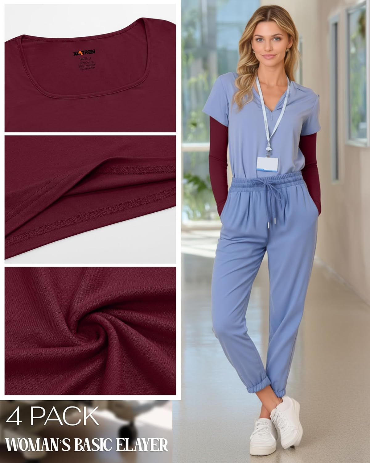 Xaatren 4 Pack Women's Underscrub Shirts Long Sleeve Square Tops Comfort Knit Fitted Layering Undershirts for Nurse