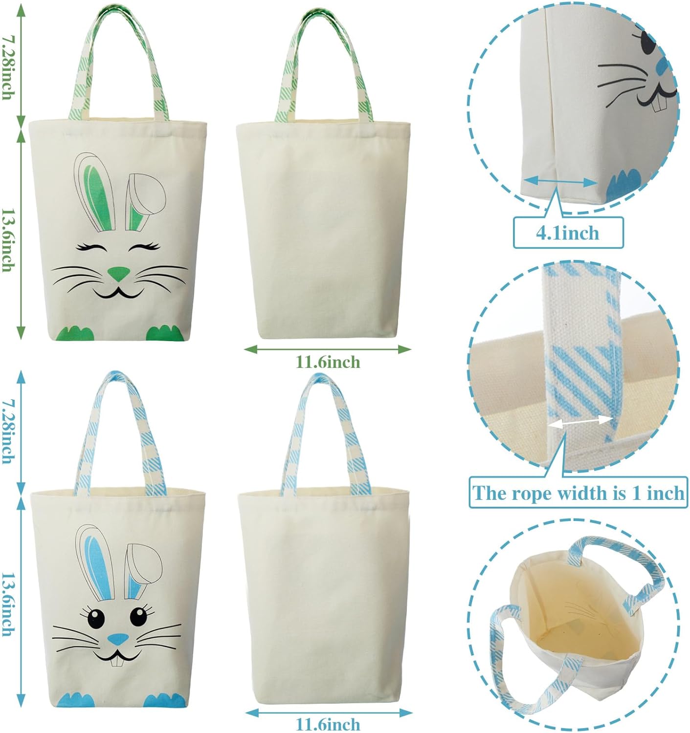 Weewooday 4 Pcs Easter Canvas Bunny Bags Reusable Tote with Handles Spring Candy Gift Baskets for Kids Boys Girls Egg Hunt