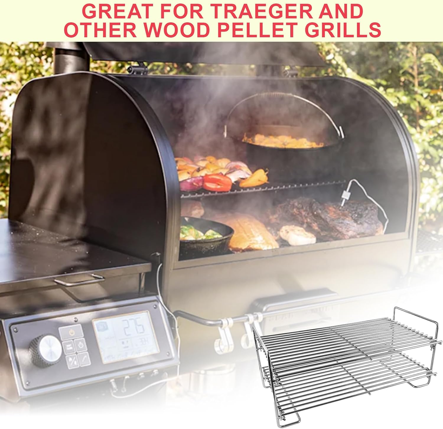 DcYourHome Universal Double Layer Stainless Steel Smoke Shelf, Griddle Warming Rack for Traeger and Other Wood Pellet Grills, Foldable Multipurpose Jerky Rack for Gas Grills Accessories