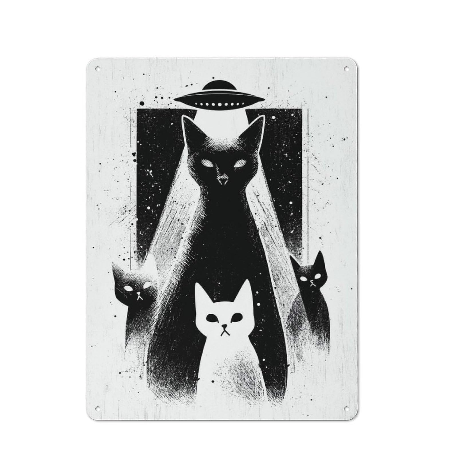 Modern Retro Decorative Metal Plaque 40x30cm Featuring Alien Cats Abduction Black And White, Loft Wall Plaque for Flat, Bar, Studio Or Gallery Wall
