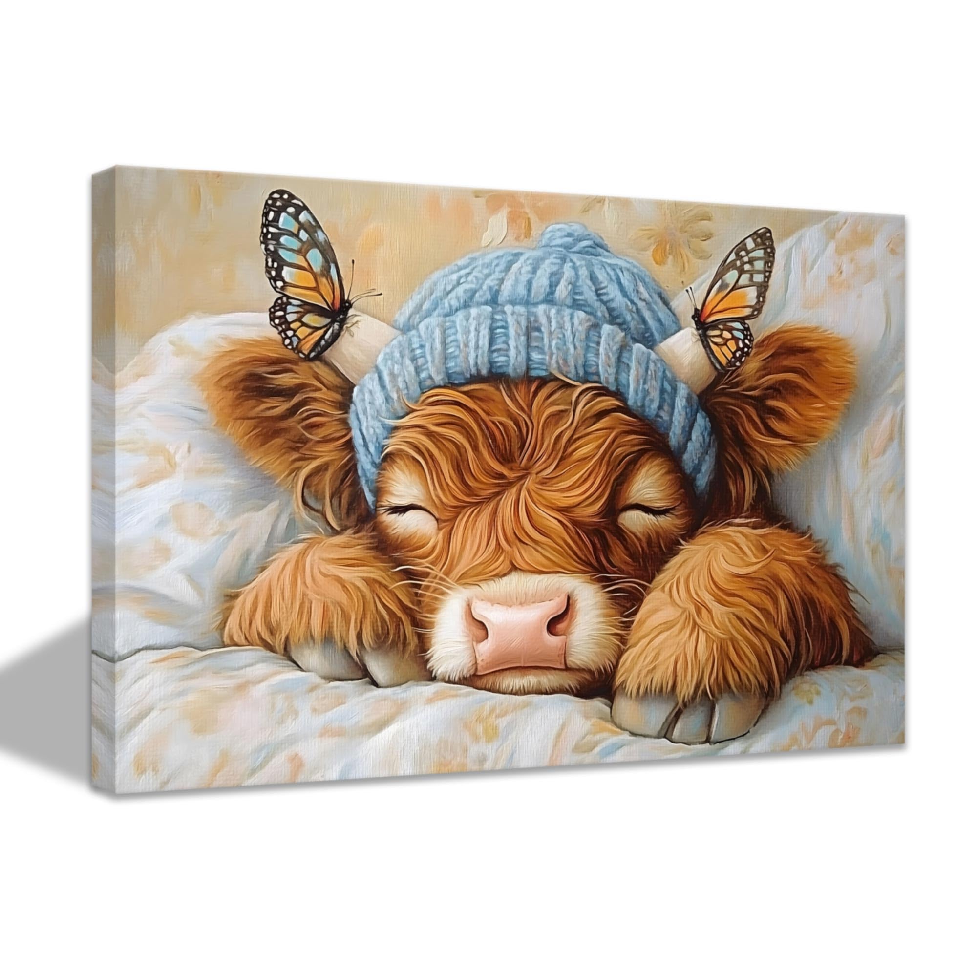 CCWACPP Highland Cow Canvas Wall Art Cute Cattle Sleeping Picture Baby Cow with Butterfly Painting Farm Animal Wall Decor for Kid Bedroom Home Framed (30.00 x 45.00 cms)