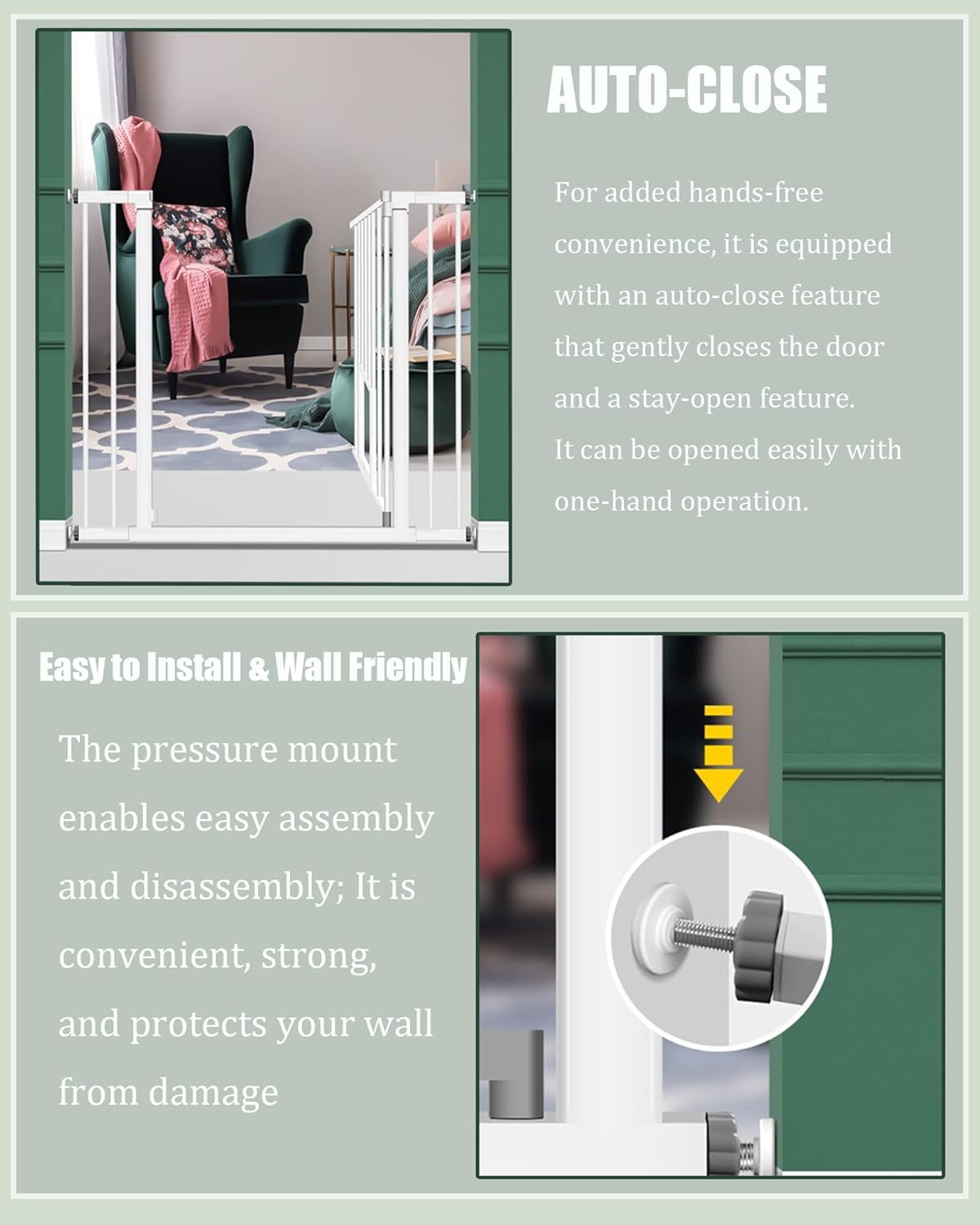 White Extra Wide Baby Gate with Pet Door Automatic Closing 29.5 to 46 Inches Adjustable Pressure Mounted for Doorway Stairs Includes 4 Wall Cups and 3 Extensions Pet Gate Baby Gate Dog Gate Cat Gate