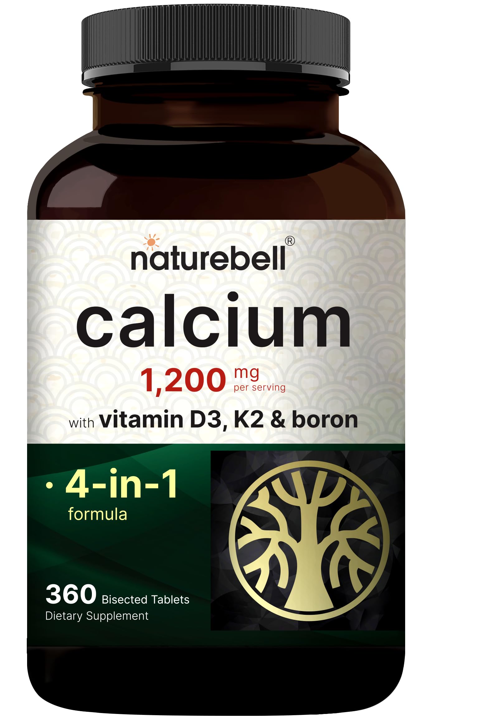 NatureBell Calcium 1,200 mg Per Serving with Vitamin D3, K2 & Boron, 360 Bisected Tablets | 4-in-1 Calcium Supplement for Women & Men | Non-GMO, Gluten Free