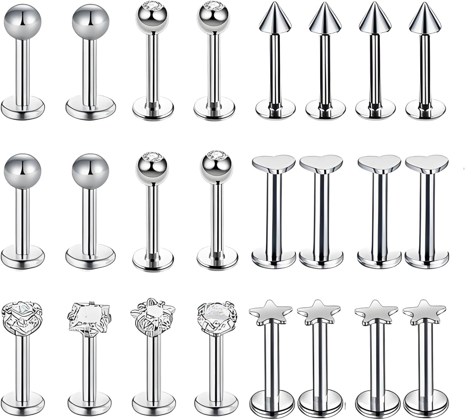 24Pcs Lip Bars for Bottom Lip, Helix Earring, Flat Back Nose Stud Labret | Helix Piercing Jewellery, Tragus Piercing Jewellery, Tragus Earrings, Lip Ring for Bottom Lip, for Daily use and Gifts