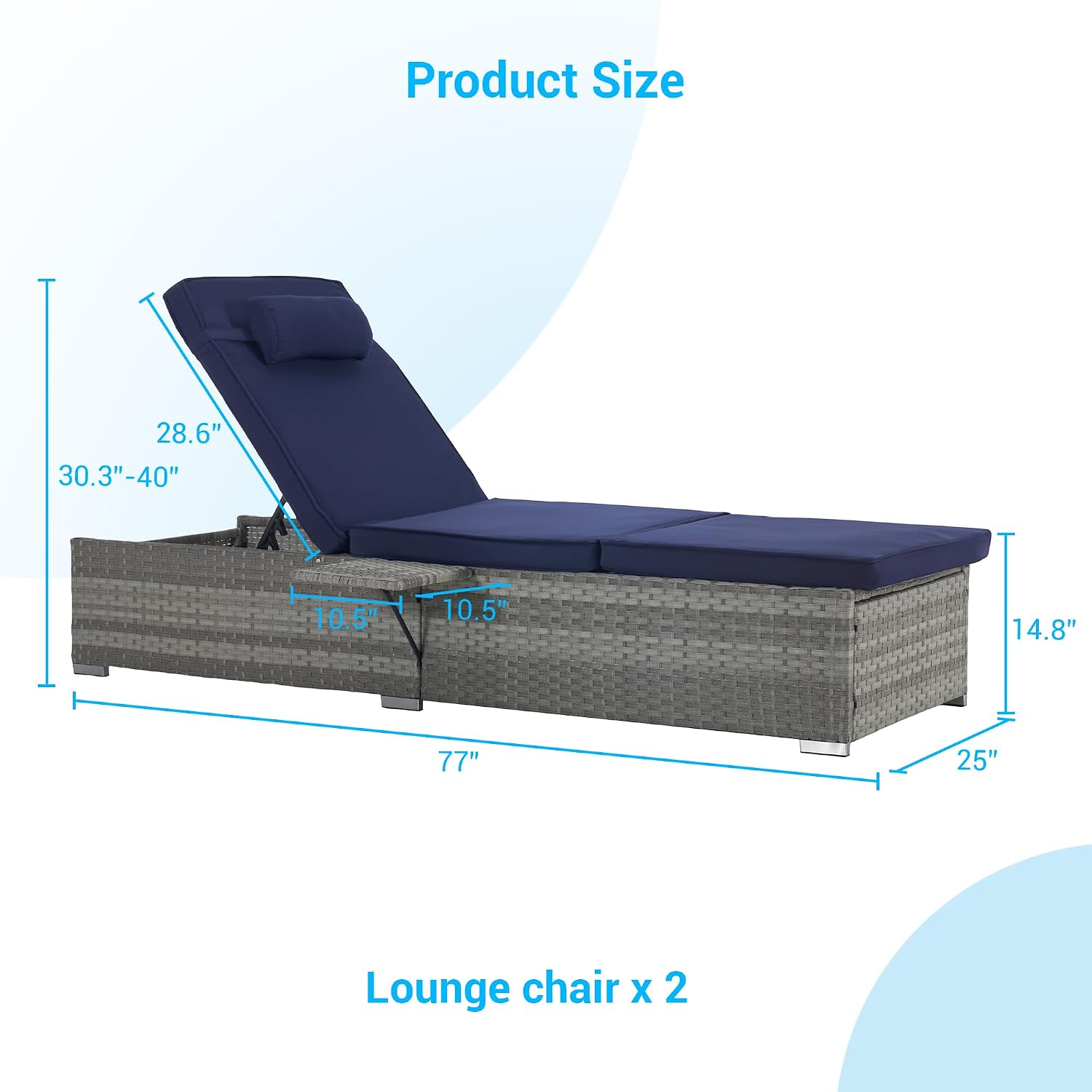 SoarFlash Wicker Chaise Lounge Set, Outdoor Patio Lounge Recliner Chair with Adjustable Backrest,Side Shelf for Garden Yard Poolside, Dark Blue