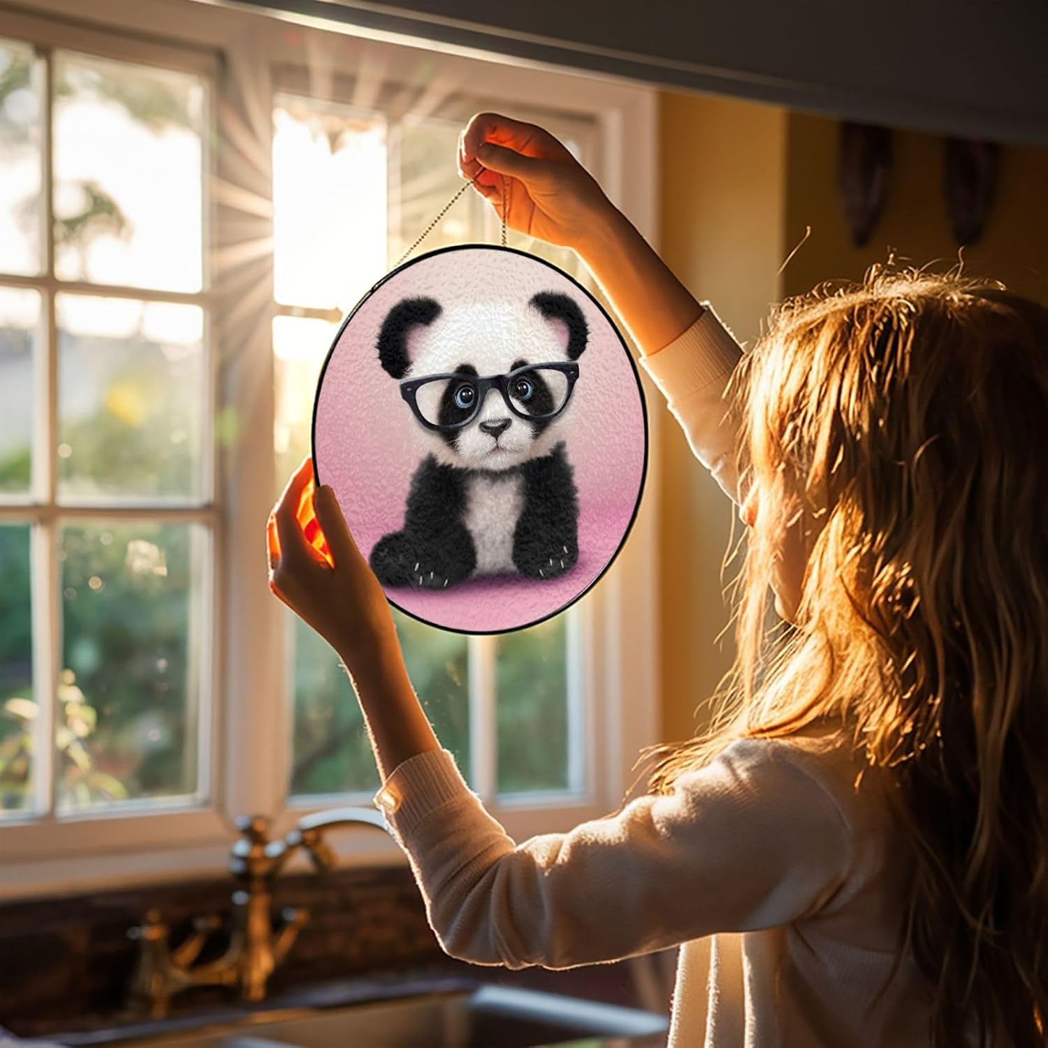 Baby Panda with Glasses Stained Glass Suncatcher for Window Hanging Sun Catcher Ornament for Women Men Suncatcher for Home Decor, 4in（10cm） Round Glass Ornament for Mother's Day Birthday Gift