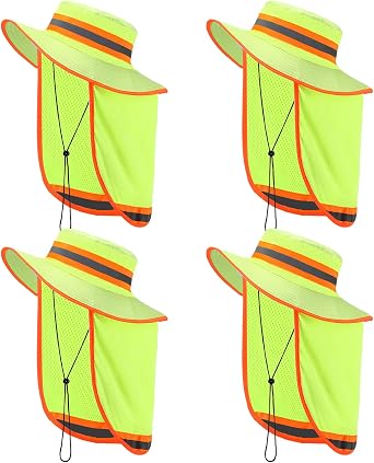 Liitrsh 4 Pcs High Visibility Reflective Sun Hat with Neck Flap Wide Brim Work Safety Boonie Hats Adjustable Bucket Cap for Men Women