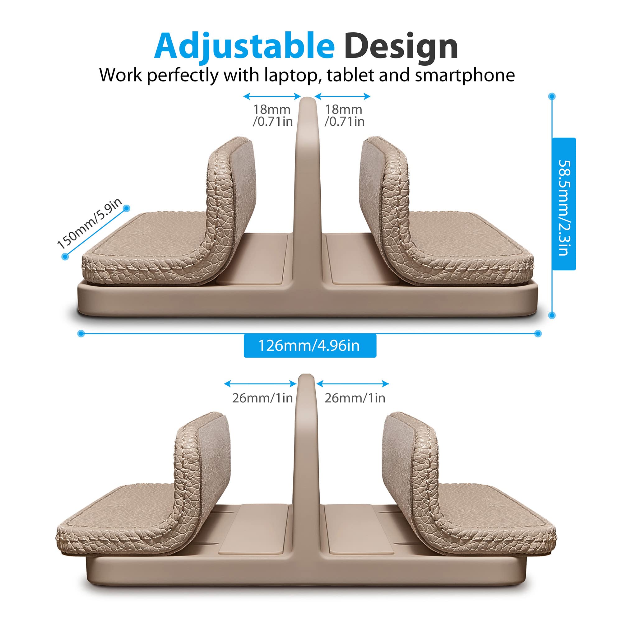 CoStySee Leather Dual-Slot Vertical Laptop Stand,Adjustable Laptop Holder Vertical (18-26mm/0.7-1 in) for All MacBook/Chromebook/Surface/Dell/iPad (Apricot)
