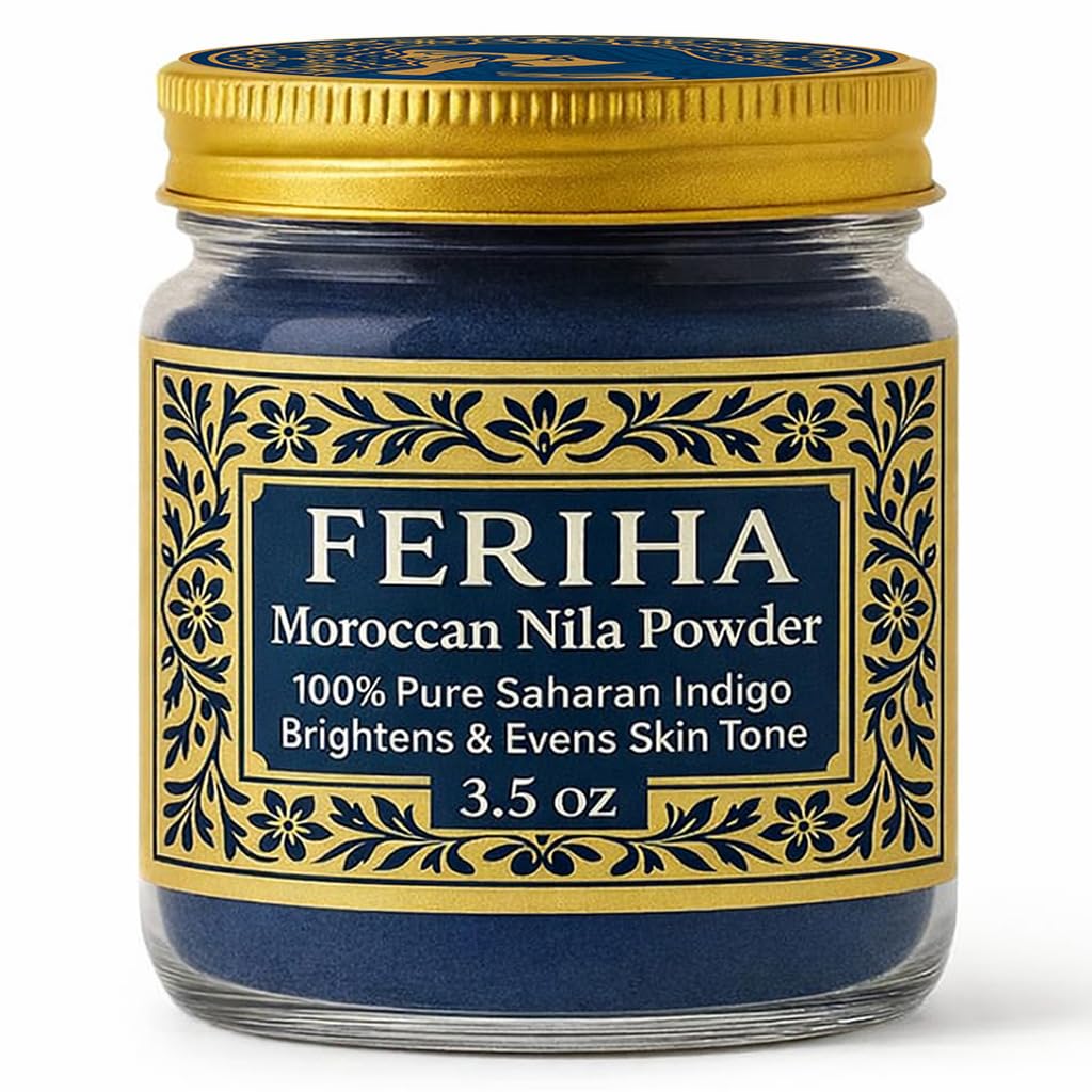 FERIHA Moroccan Nila Powder – 100% Pure Saharan Indigo for Face & Body – Natural Skin Brightening Mask to Even Tone, Smooth Texture & Restore Radiance – All Skin Types, 3.5 oz / 100g