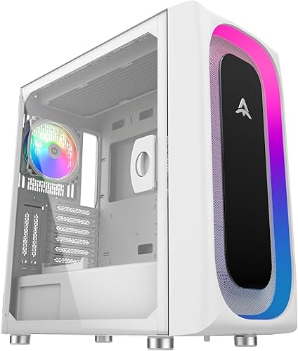 ALSEYE Ai-Pro E-ATX - Funda blanca para PC gaming con ventilador Halo-Pro ARGB preinstalado, tira LED en el panel frontal, panel lateral de vidrio