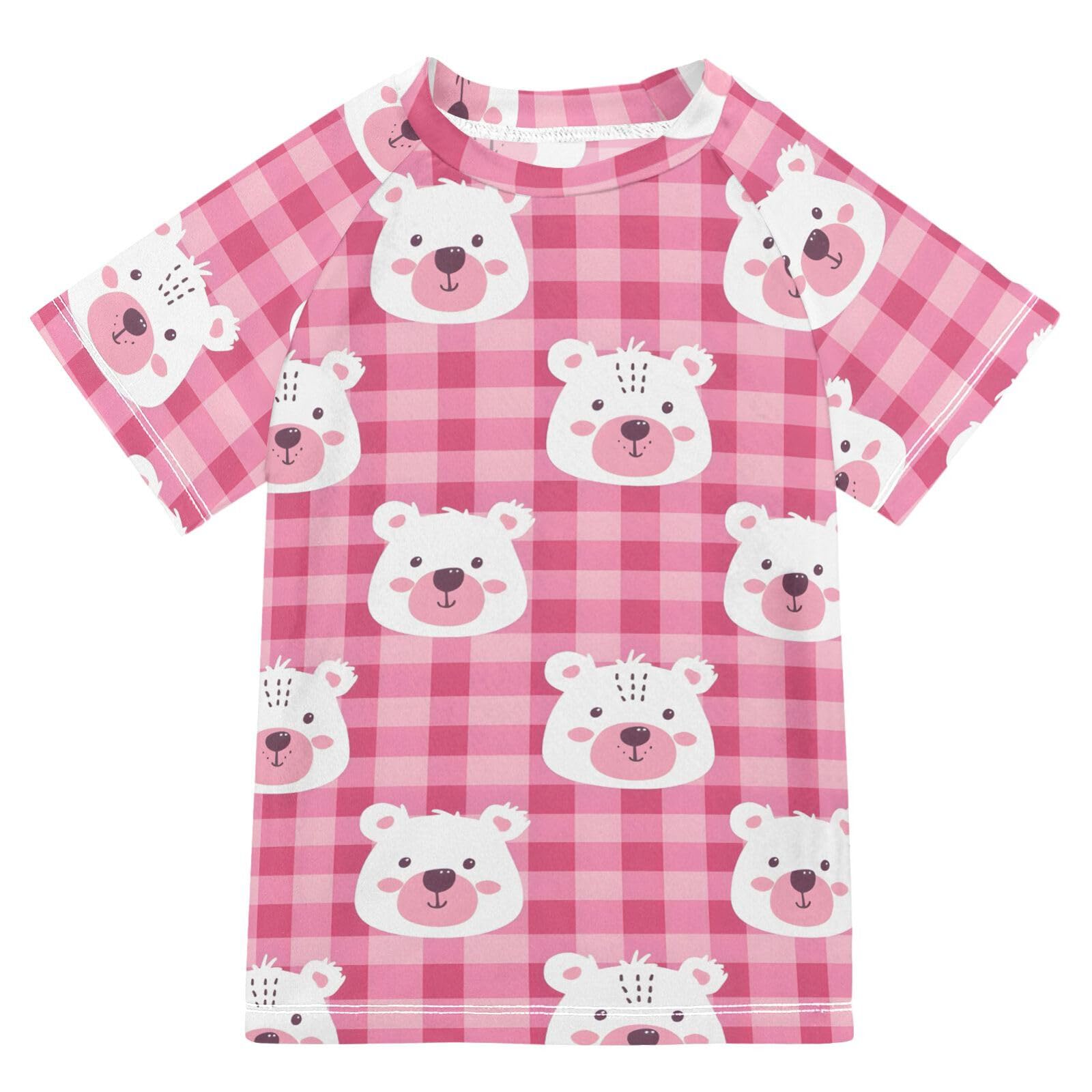 ALAZA Kids Rash Guard Boys Toddler Swim Shirts Short Sleeve Bear Pink Checkered UPF 50+ 3T