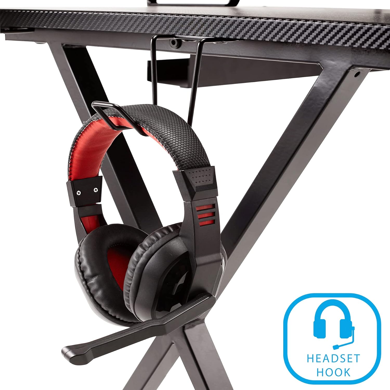 Seville Classics airLIFT Computer Writing Desk w/ Headset, Cup, Speaker Holders, Monitor Riser Table, Modern Work for Home Office Workstation, Black, 42" Carbon Fiber X Frame