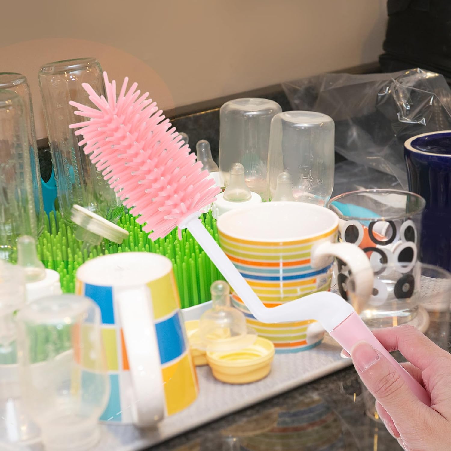 VANZACK Feeding Bottle Cleaning Brush Set 360° Rotatable Silicone Bottle Brush for Feeding Pink Home and Travel Use image 5
