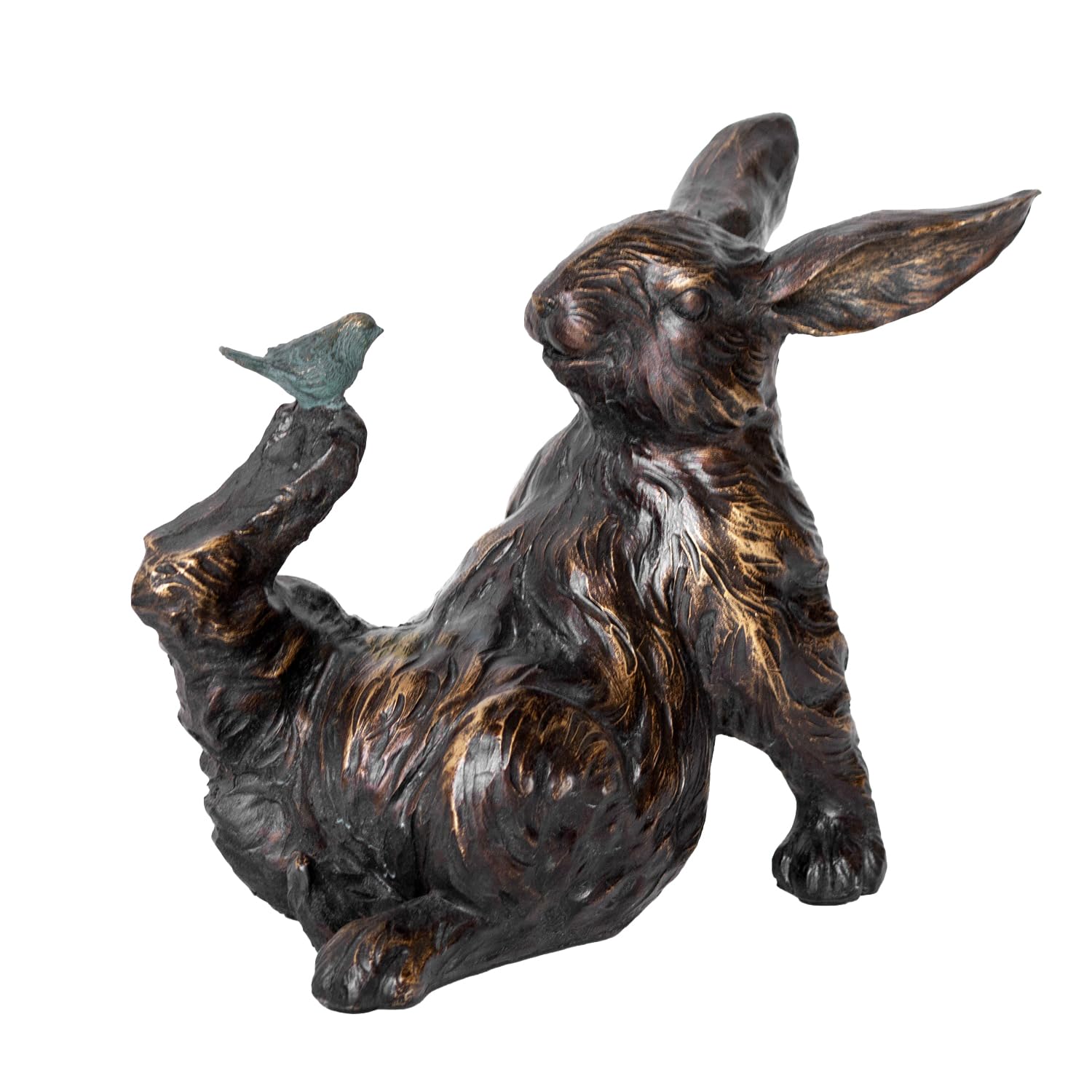 Darthome Bronze, Brown Bronze Rabbit & Bird Ornament 23X18x12.5cm Resin Playful Hare Animal Outdoor Garden Sculpture