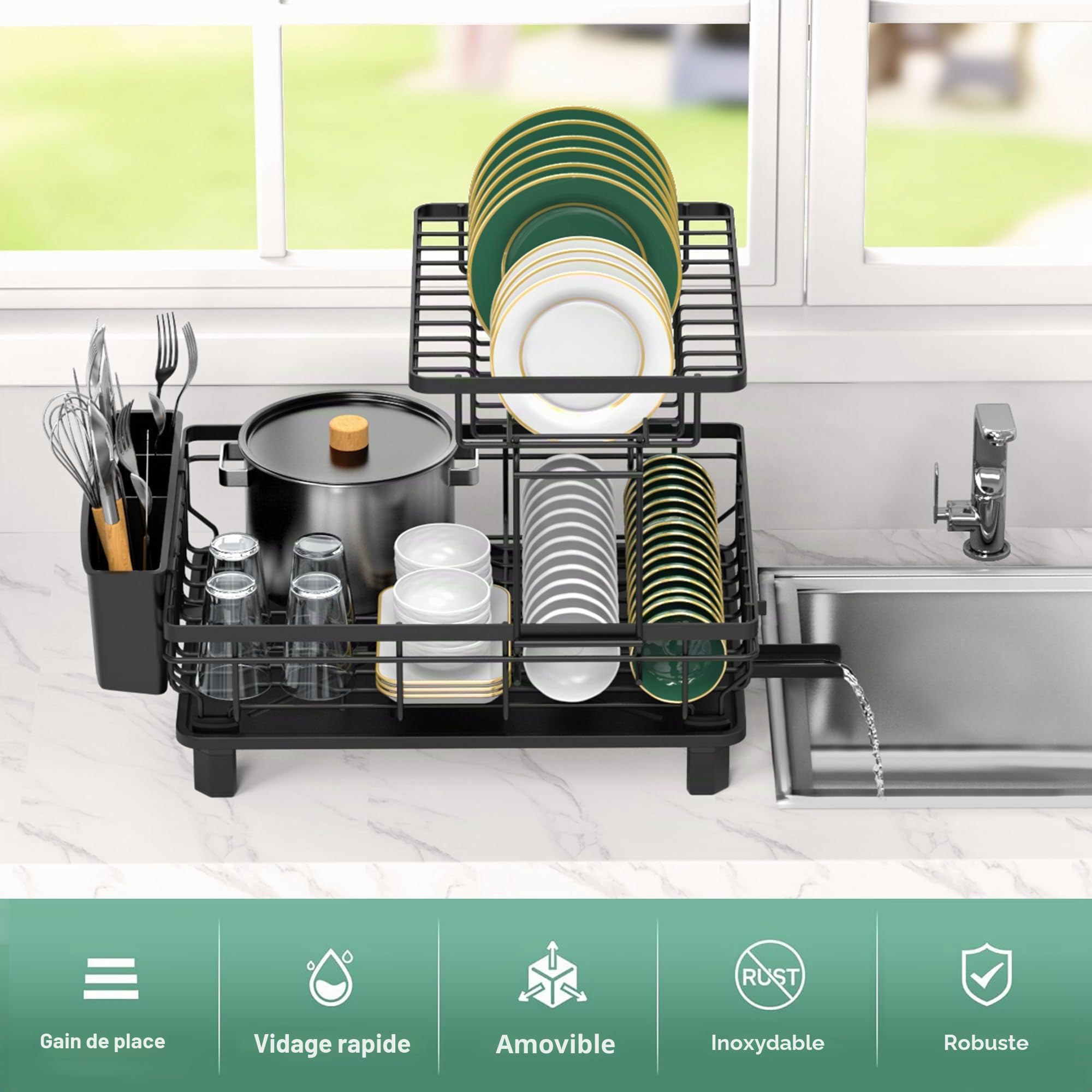 Rottogoon Grand égouttoir à Vaisselle à 2 Niveaux en Acier Inoxydable pour comptoir de Cuisine, égouttoir à Vaisselle Durable avec égouttoir, Porte-ustensiles pour Divers ustensiles de Cuisine, Noir