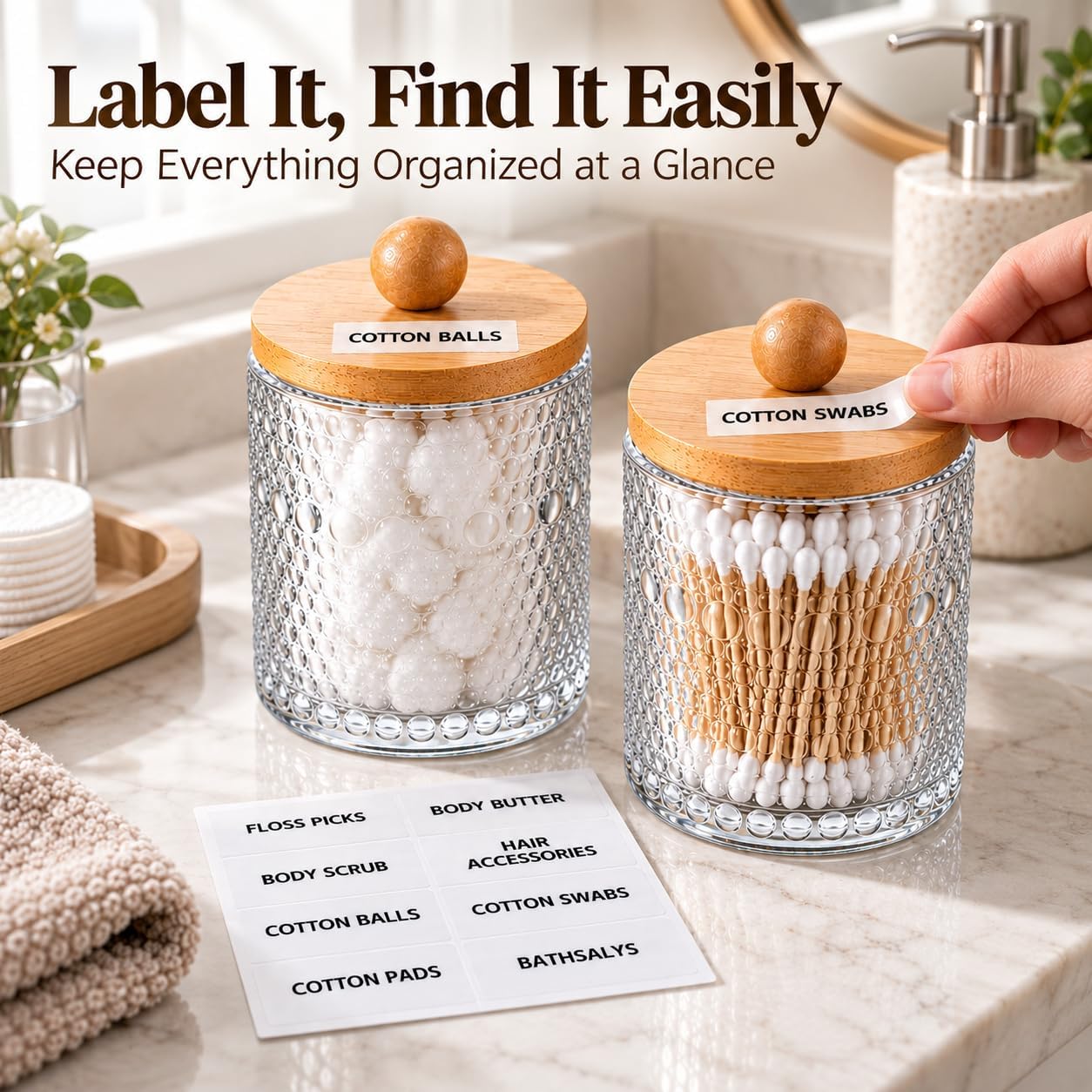 2 Pack Textured Glass Qtip Holder Dispenser with Bamboo Lid