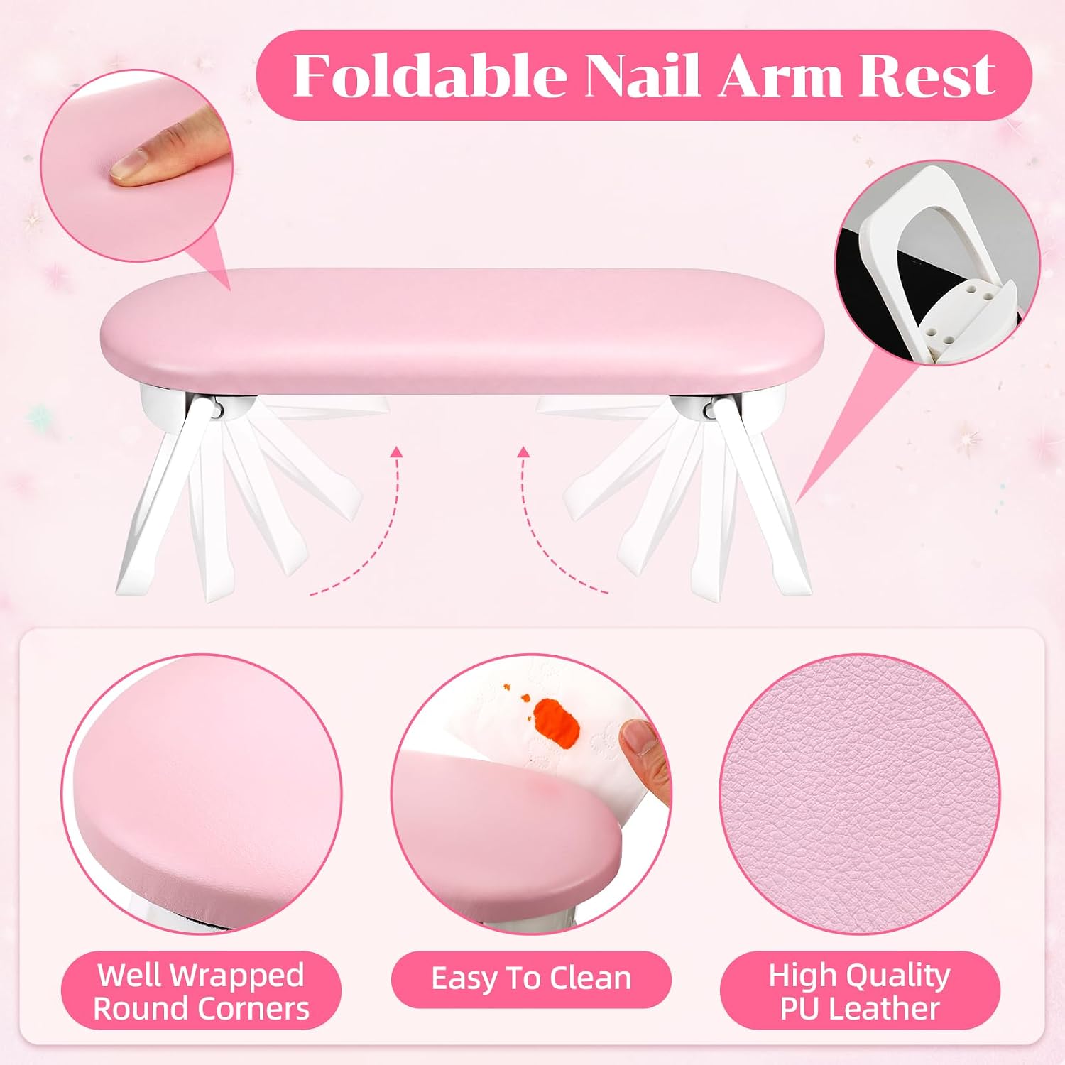 Novabright Nail Arm Rest with 50 Disposable Manicure Mats, Foldable PU Leather Hand Cushion and 3-Ply Absorbent Table Pads with PE Backing, Nail Tech Supplies for Salon Desk(Pink)