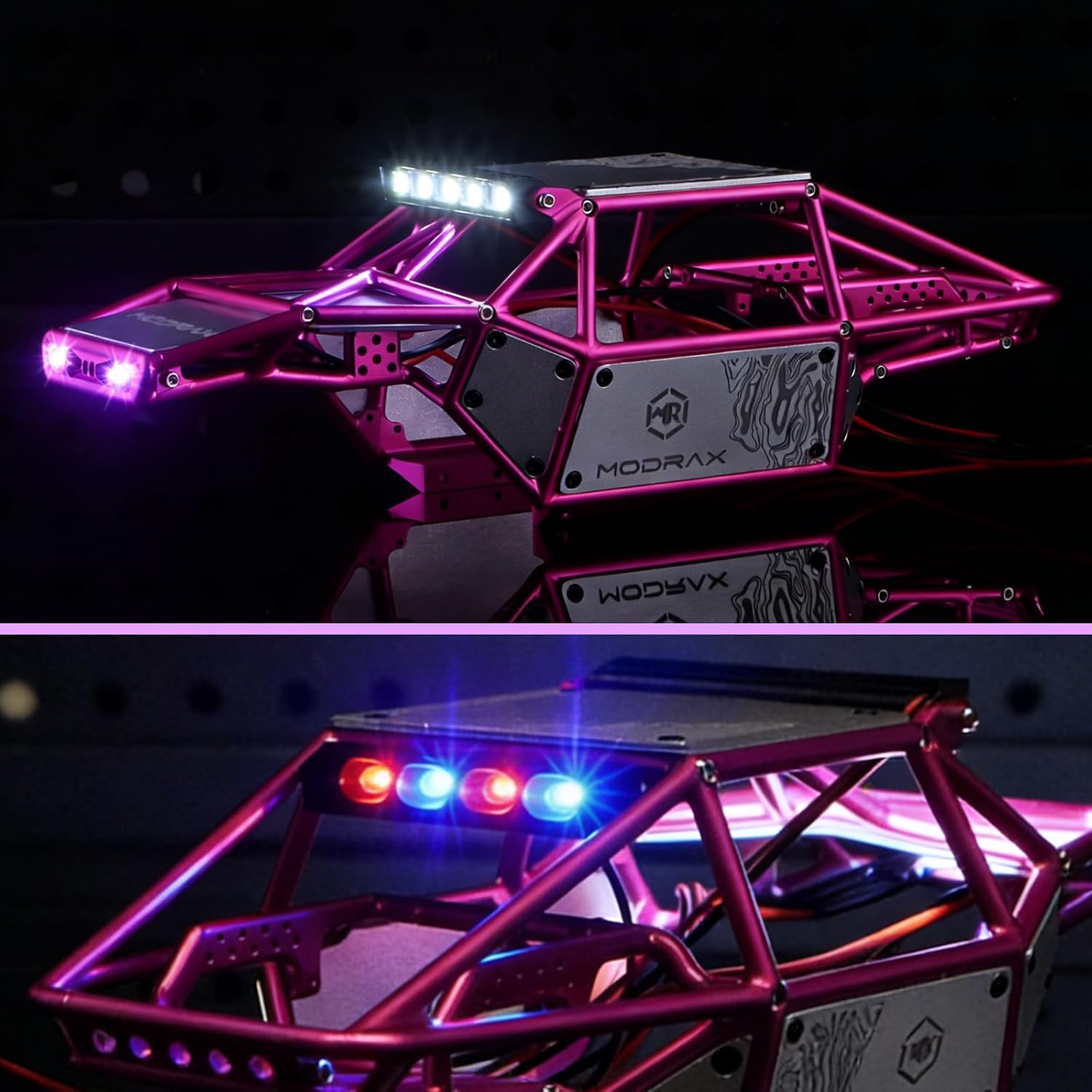 MR24-Bharal CNC Aluminum Body Shell with LED Lights for Axial 1/24 SCX24 C10 JLU Bronco Base Camp 4Runner Upgrade Parts (Silver & Rose red)