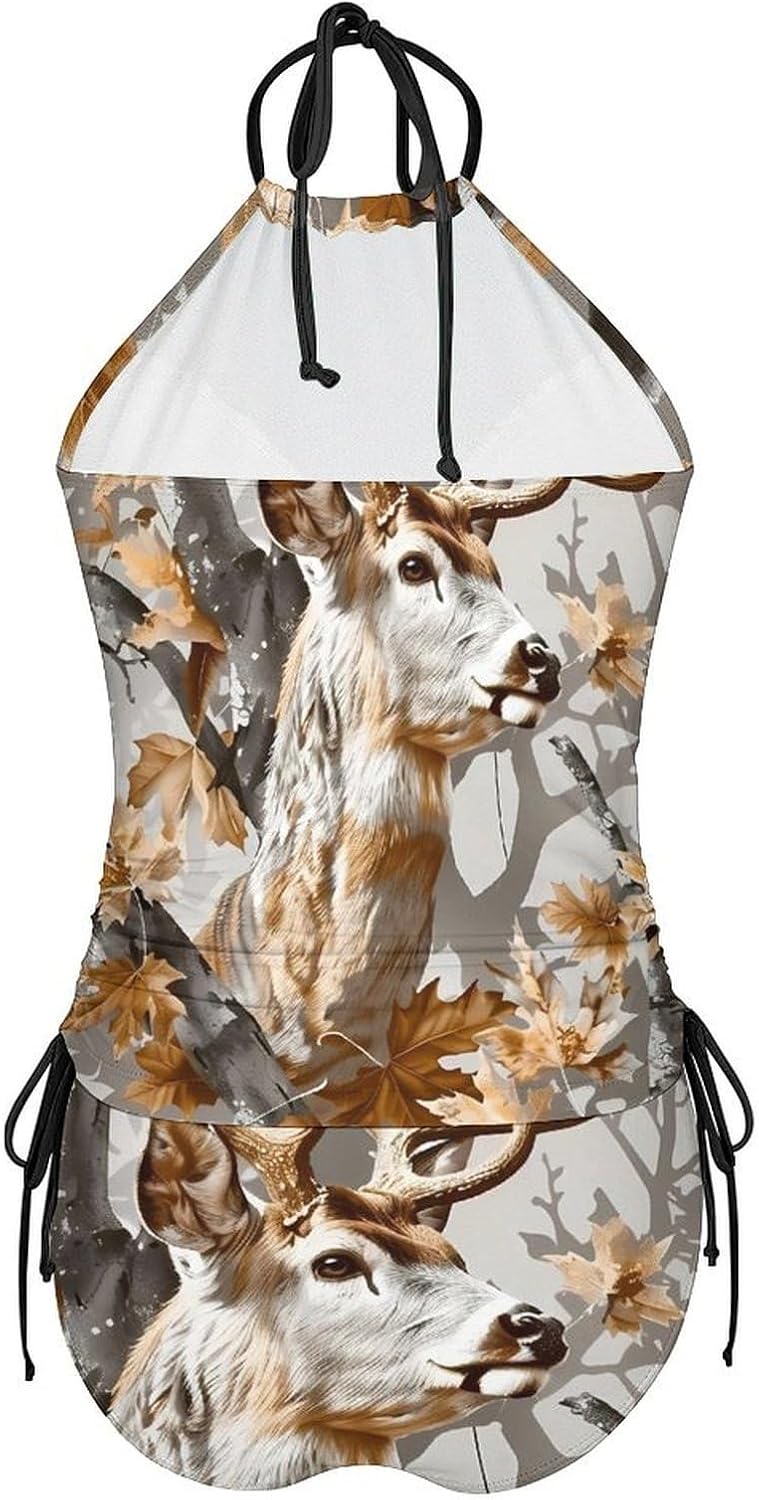 Deer Hunting Camouflage Women's Tankini Swimsuit Two Piece Tummy Control Bathing Suits Tie String Swimwear