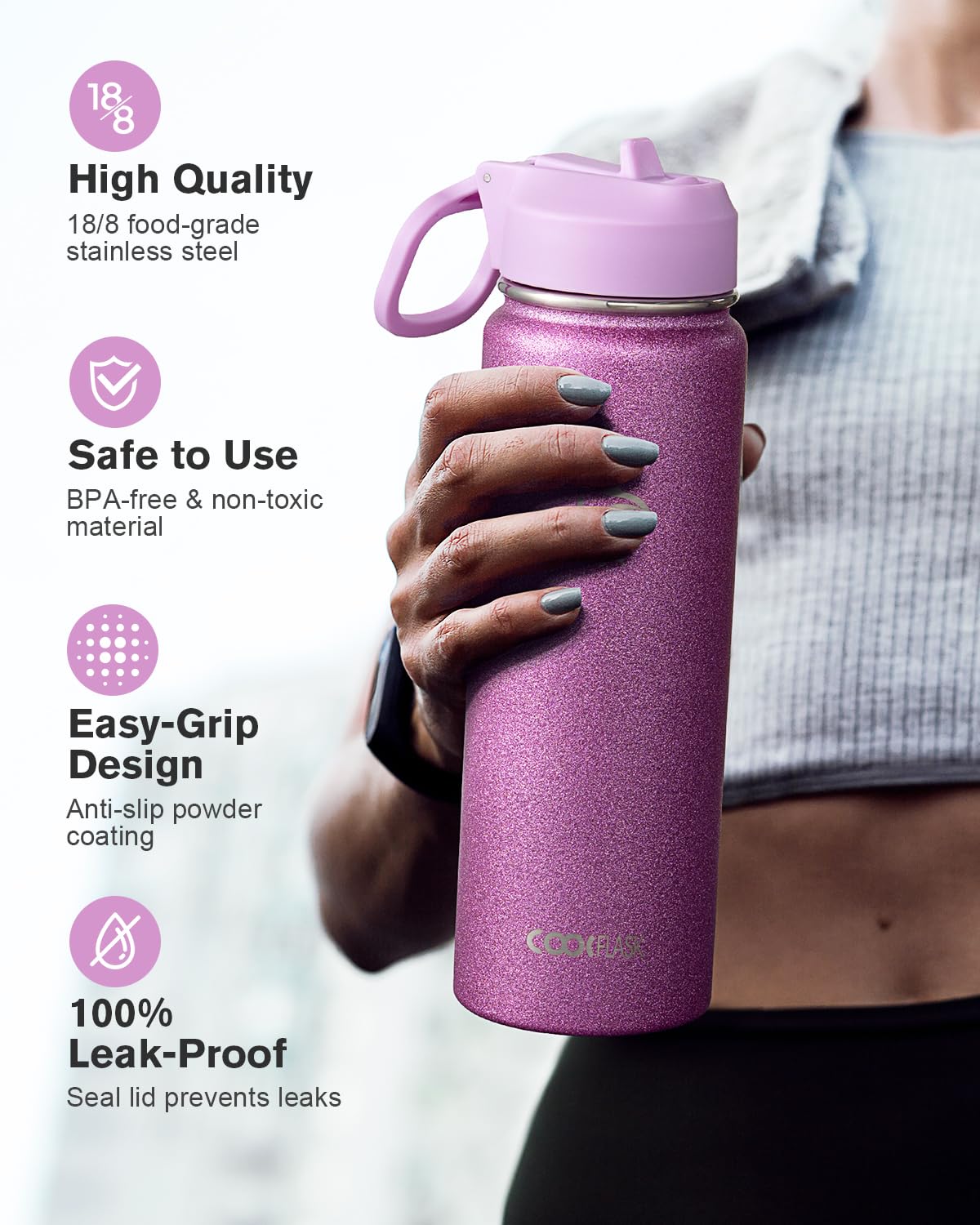 Coolflask Borraccia termica con cannuccia, in acciaio inox, con 3 coperchi, imboccatura larga, per sport o ufficio, senza BPA, mantiene il freddo fino a 48 ore o caldo fino a 24 ore, rosa glitterato