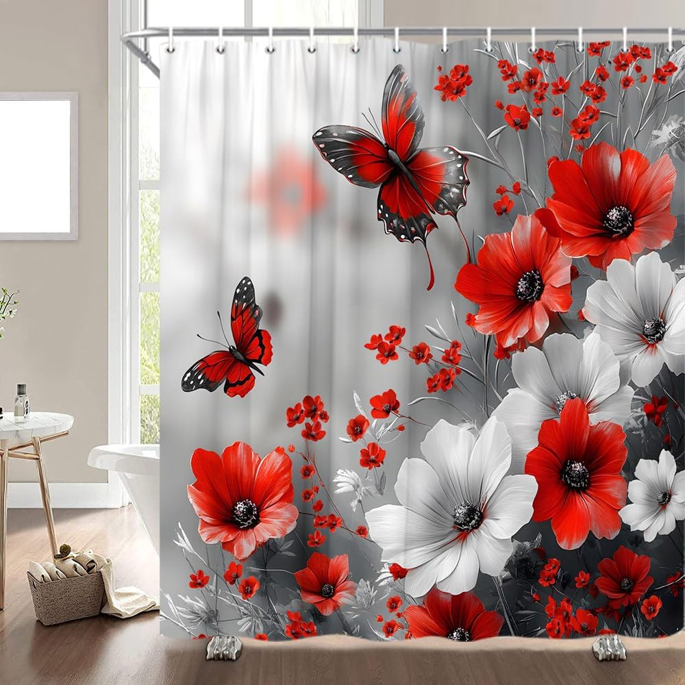 Red Flower Butterfly Shower Curtain Burgundy Grey Floral 70 x 70 in