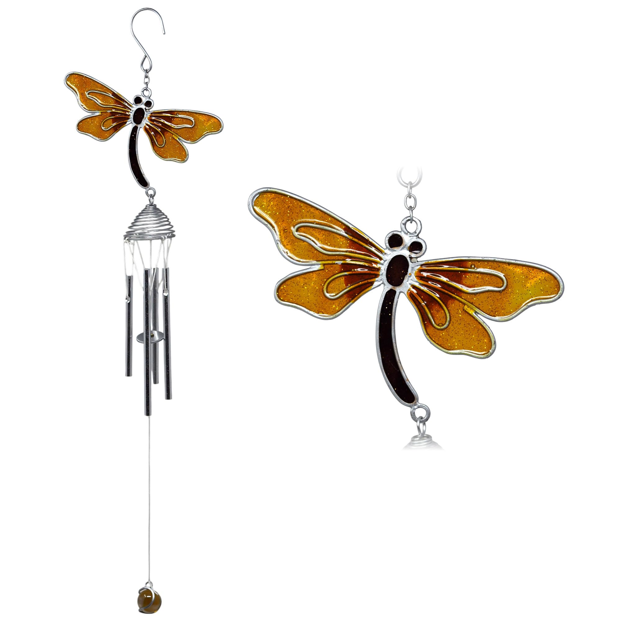Orange Dragonfly 40cm Metal Wind Chime Suncatcher Hanging Garden Ornament