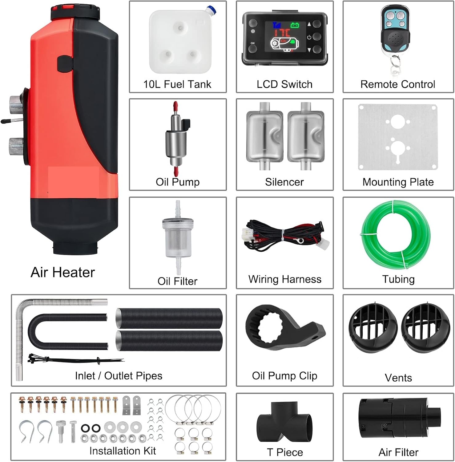 3KW 12V Diesel Air Heater with Remote Control Silencer 10L Fuel Tank Set for Boat RV Bus Car Electric Kit Various Vehicles(LCD sw 2 Silencers)