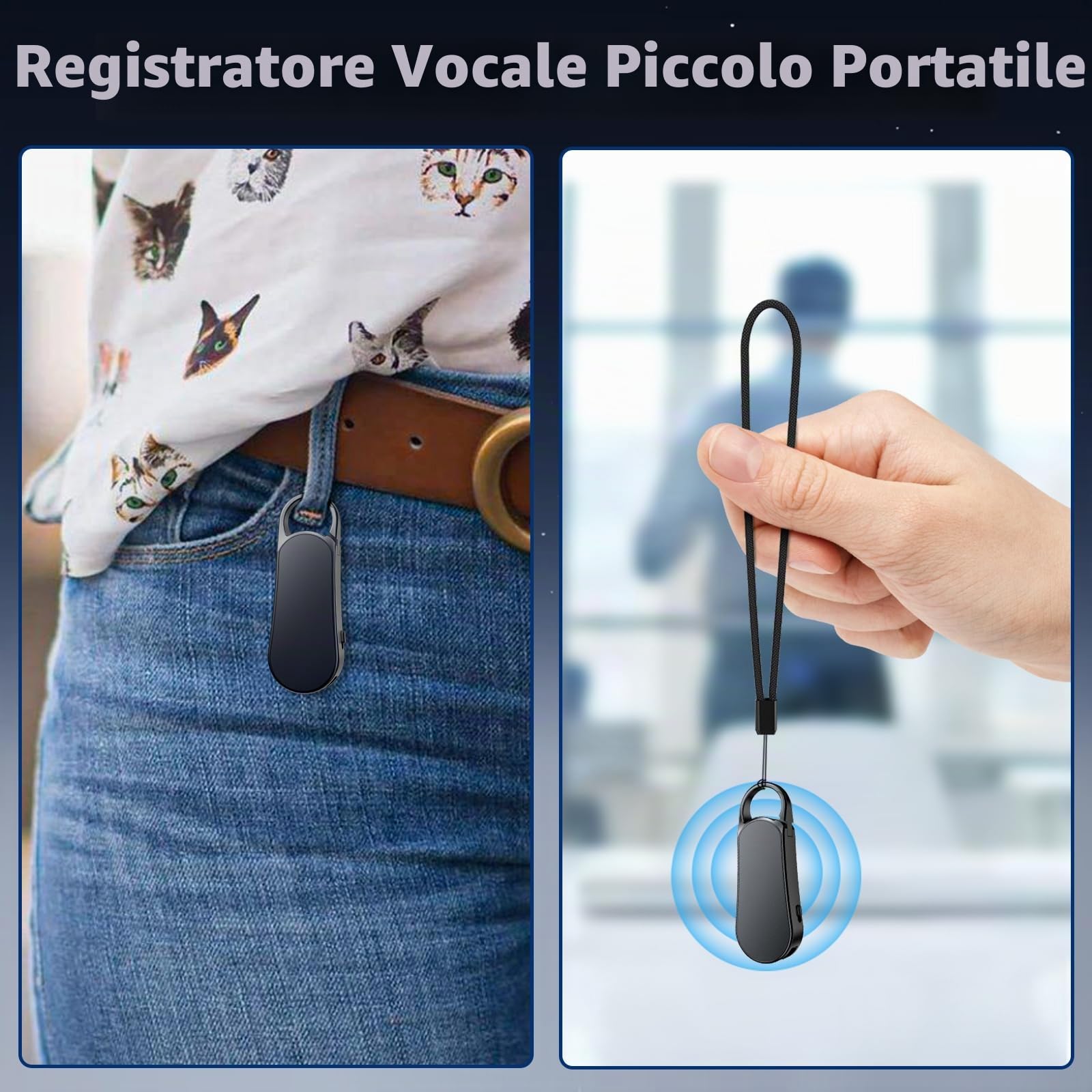 64GB Ponovo Registratore Vocale Design Portachiavi con Custodia in Metallo, Funzionamento a Un Tasto, Audio Hi‑Fi 1536 kbps e Attivazione Vocale – Ideale per Interviste e Riunioni